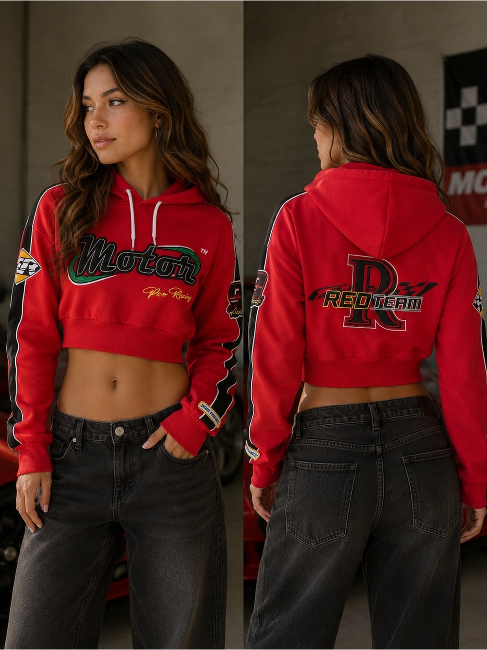 Smoke Rise Red Team Motor Pro Racing Cropped Hoodie Sweatshirt size S
